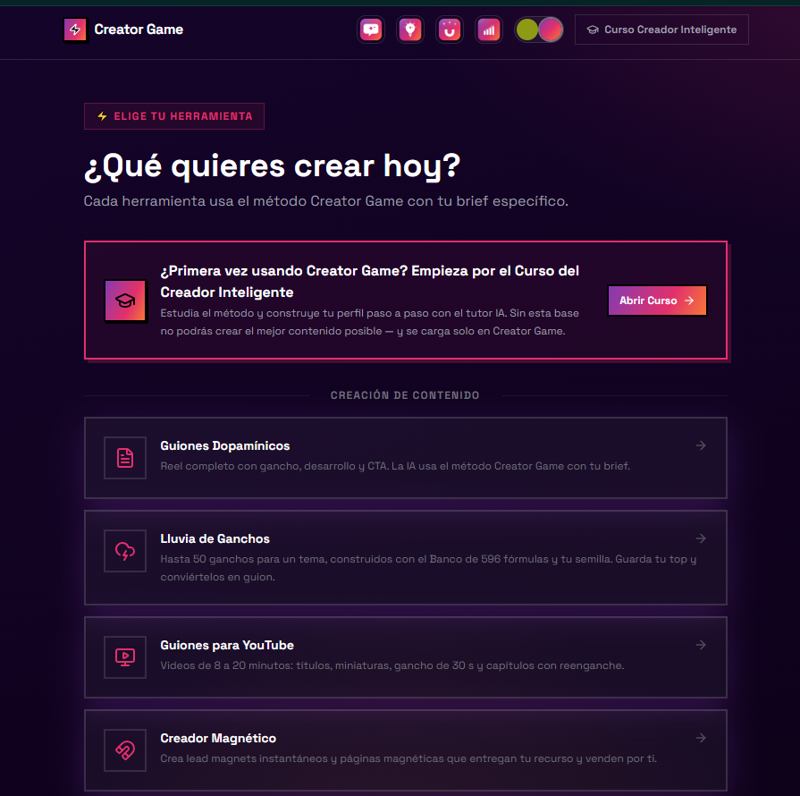 Creator Game: Guiones Dopamínicos, Lluvia de Ganchos, Guiones para YouTube, Creador Magnético